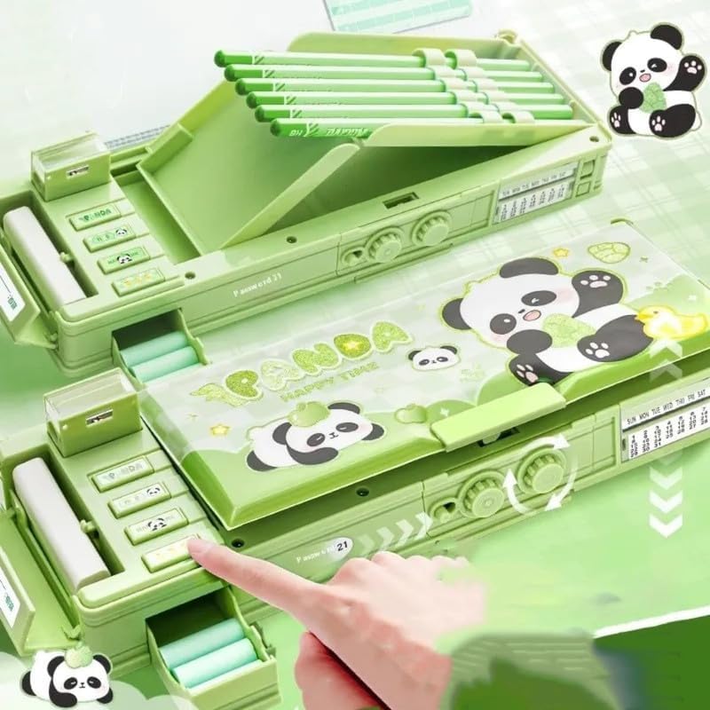 Image of New Cartoon Theme Pencil Box with Push Pull Eraser Set for Kids | Suitcase Style Password Lock Stationery Organizer | School Supplies Gift Combo for Boys & Girls (Panda Green Compass + Eraser)