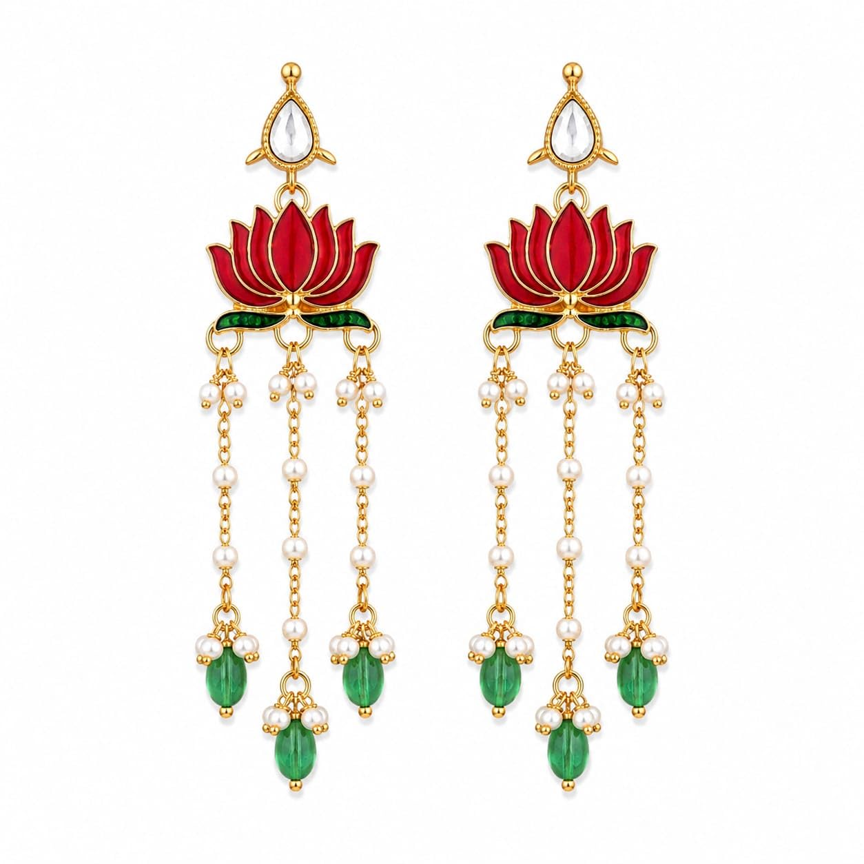 Lotus Enamel Chandelier Earrings with Pearl & Green Bead Tassels-picture-53