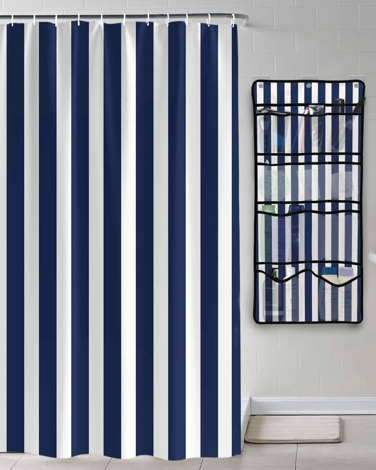Shower Curtain Mesh Shower Organizer Hanging Set Navy Blue and White Striped Geometric Waterproof Shower Curtains with 10