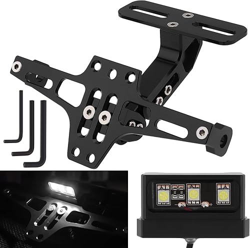 Soporte de placa de matrícula de motocicleta, kit de eliminador de guardabarros ajustable universal, soporte de aluminio CNC con luz LED (negro) disponible en Yaxa Peru