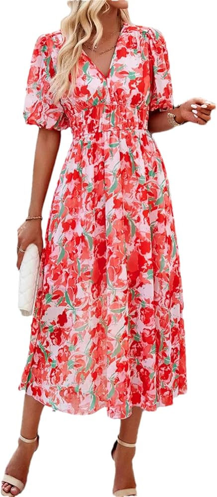 Women Floral Vacation Short Sleeve Dress Lantern Sleeve Deep V