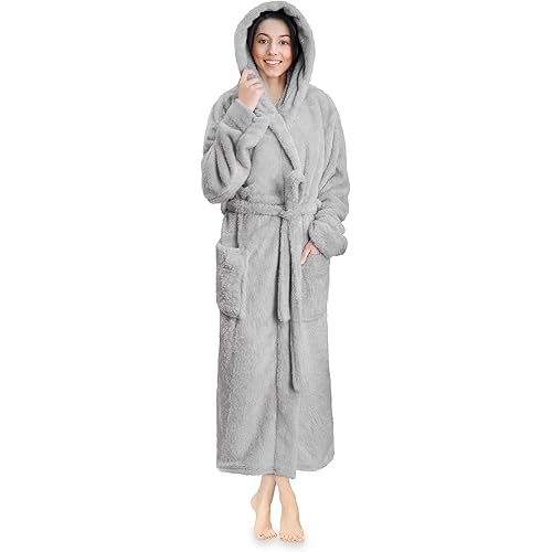 PAVILIA Women Hooded Plush Soft Robe | Fluffy Warm Fleece Sherpa Shaggy Bathrobe