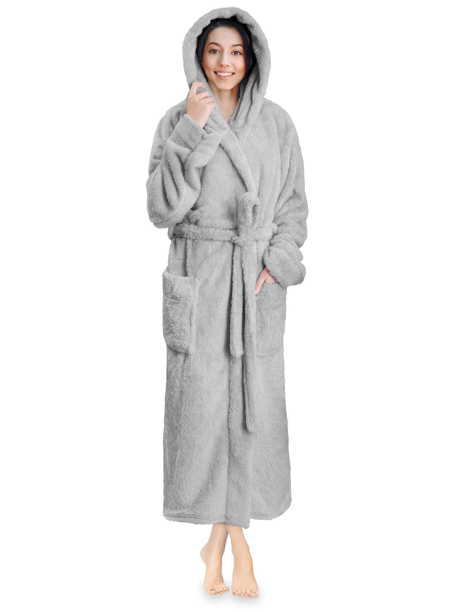 PAVILIA Peignoir à capuche en peluche douce pour femme | Peignoir à poils longs en polaire sherpa chaude et moelleuse
