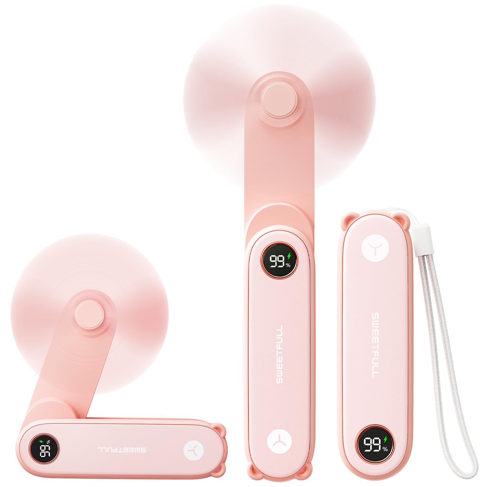 SWEETFULL Portable Handheld Mini Fan with LED Display, 3-in-1 Personal Foldable USB Rechargeable Hand Held Fan & Flashlight for Travel, Lash Eyelash, Cute Small Pocket for Women, Girls