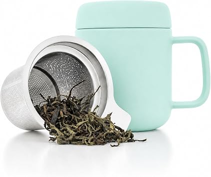 Tealyra - Sumo Porcelain Loose Tea Steeping Mug - 15oz/450 ml Ceramic Tea Cup with Infuser and Lid/Coaster - Extra Fine Stainless Steel Infusion Strainer - For Home or Office - Turquoise