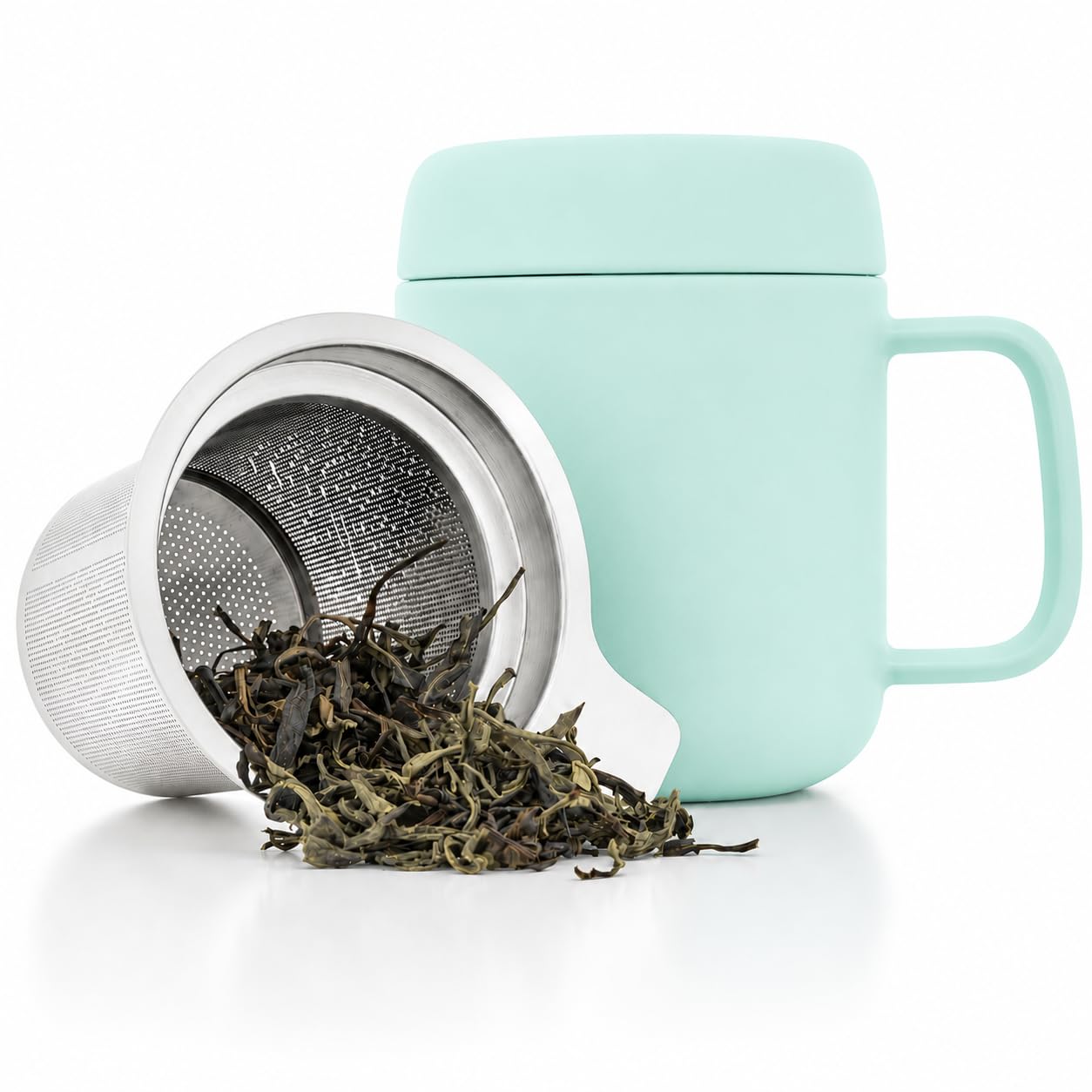 tealyra - Sumo Porcelain Loose Tea Steeping Mug - 450 ml - Ceramic Cup with Infuser and Lid/Coaster - Stainless Steel Infusion Strainer