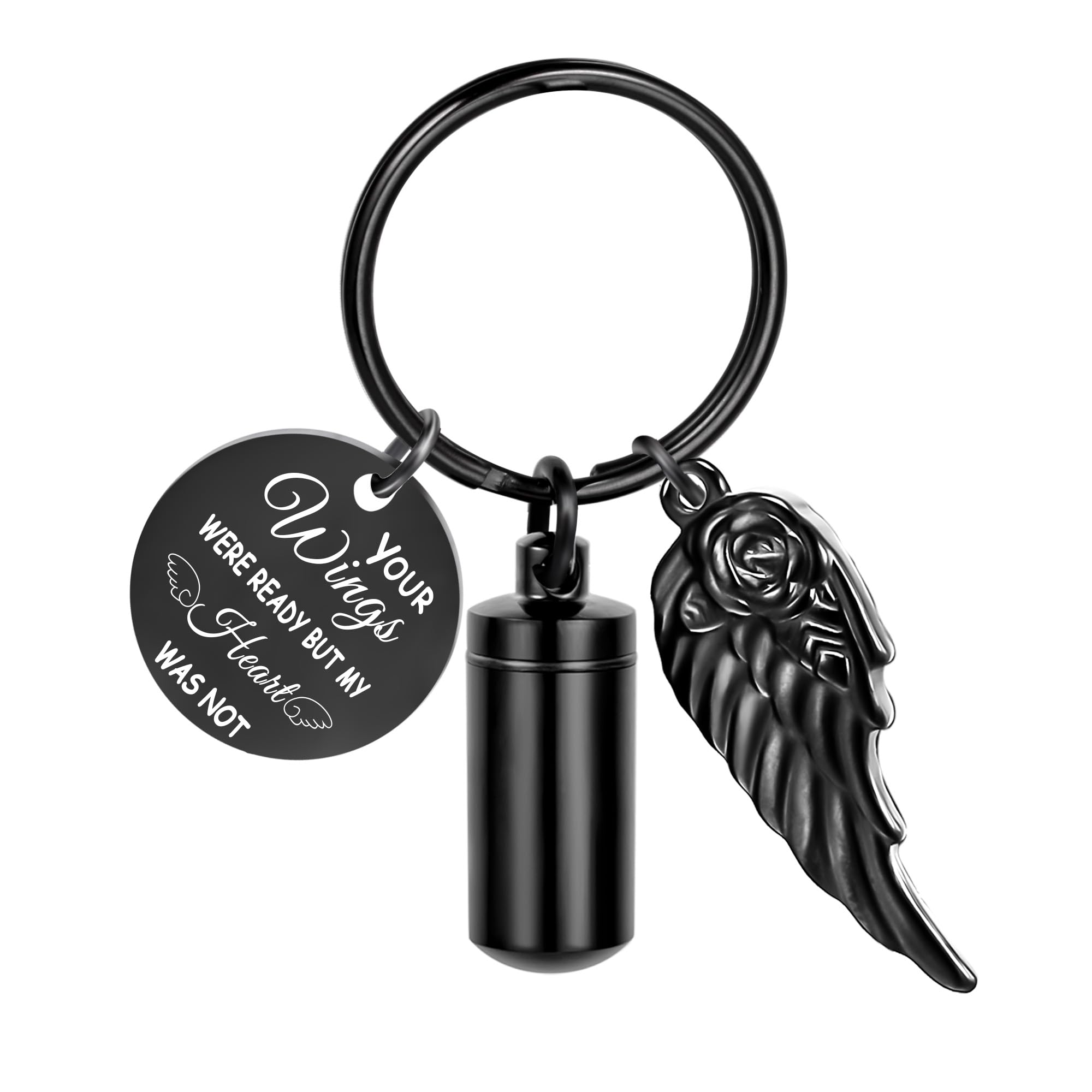 Gredstar Black Cylinder Urn Keychain for Ashes, Angel Wing Memorial Key Ring with Stainless Steel Cremation Pendant for Loved One or Pet, Sympathy Gifts