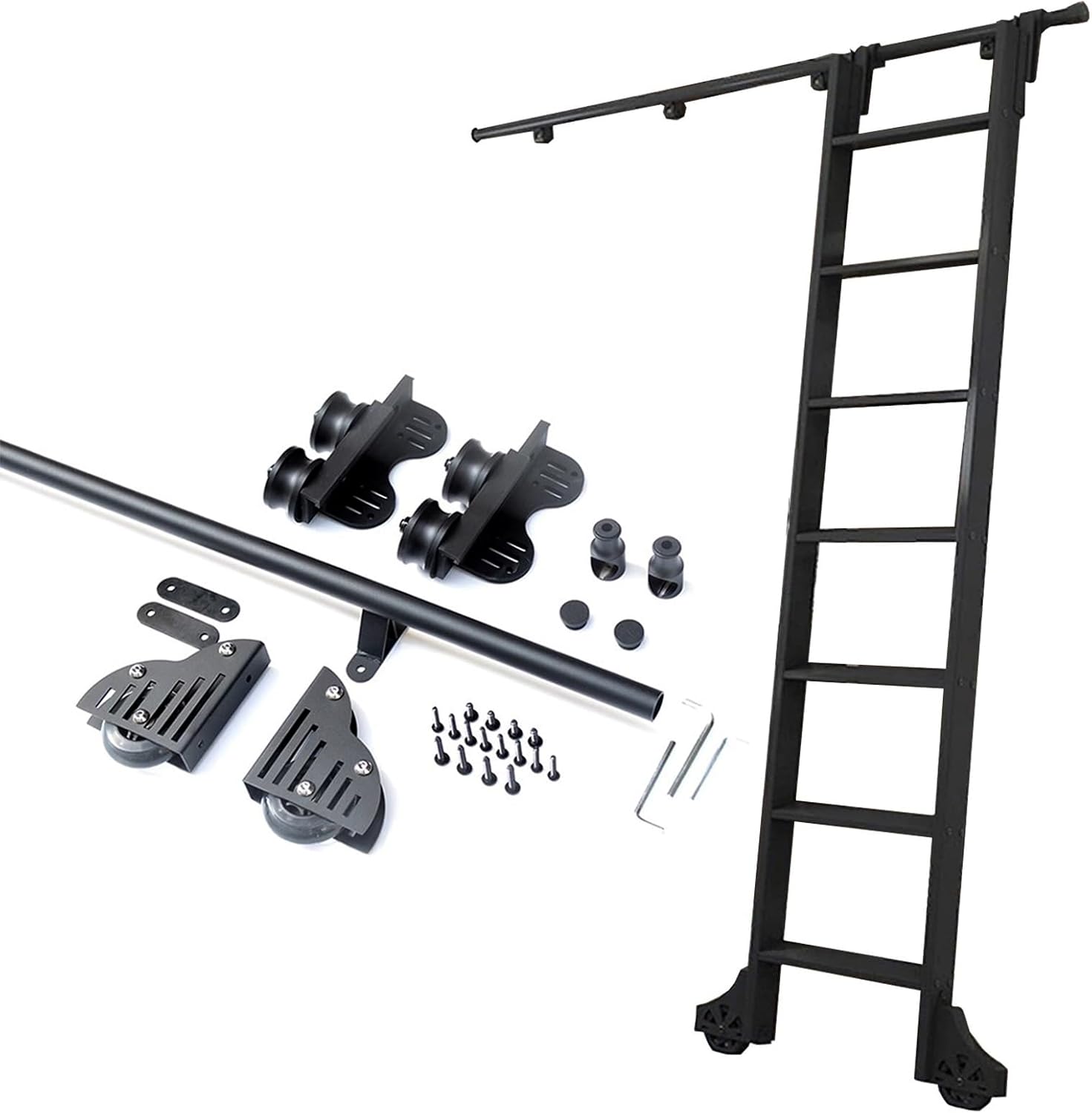 Round Tube Rolling Library Ladder Hardware Kit, Full Track Set with Floor Roller Wheels, Durable Metal Sliding Rail for Indoor Use (13ft/400cm Track kit)