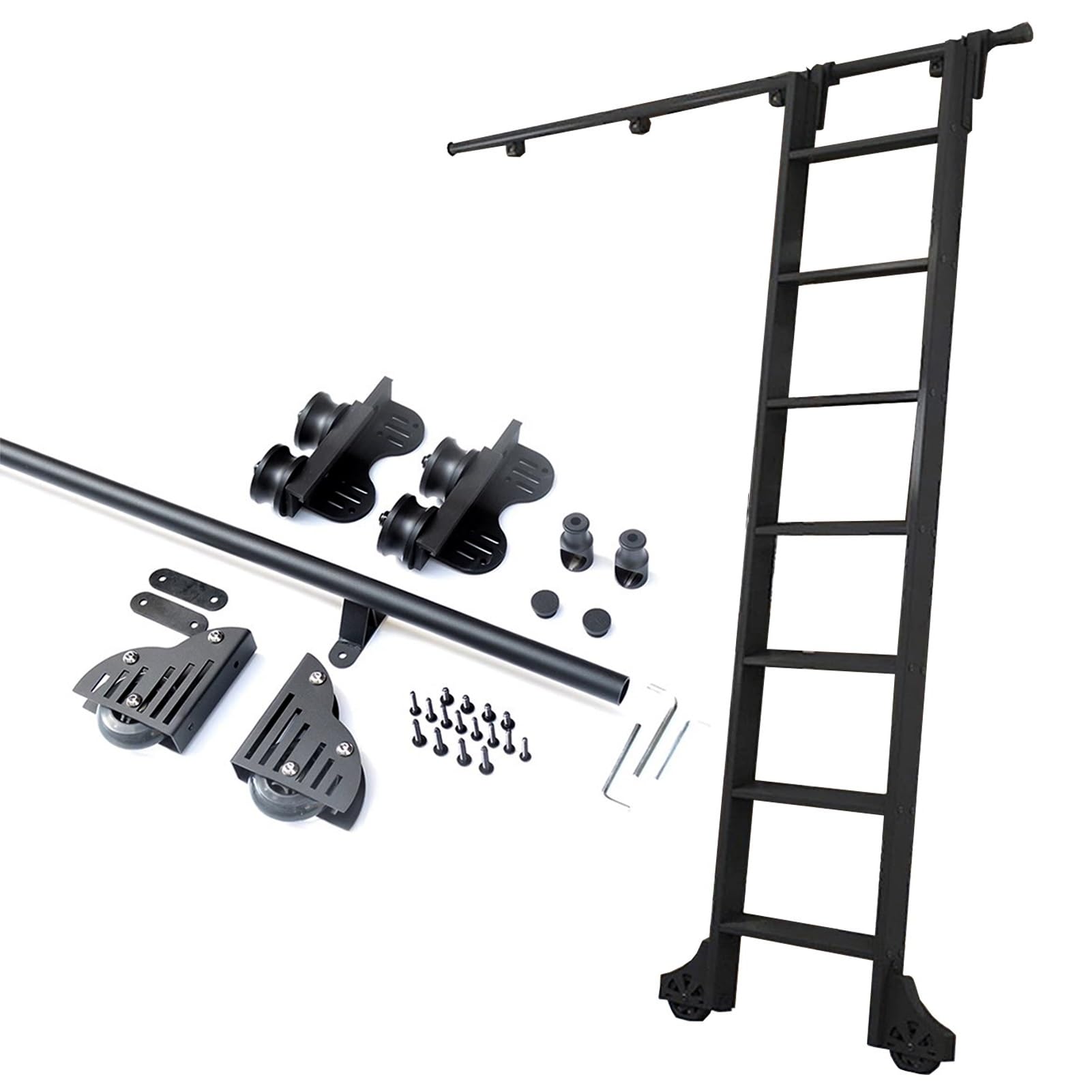 Kit rail pour échelle de bibliothèque 600 cm avec roulettes de sol, tube rond en métal noir