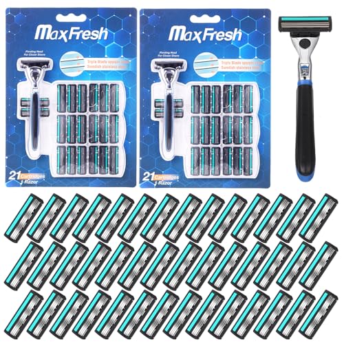 Leriton 44 Pcs Razor Kit Refillable Three-blade Disposable Men's Razors Travel Shave Set Shaving Kit for Sensitive Skin, 2 Handle and 42 Cartridges