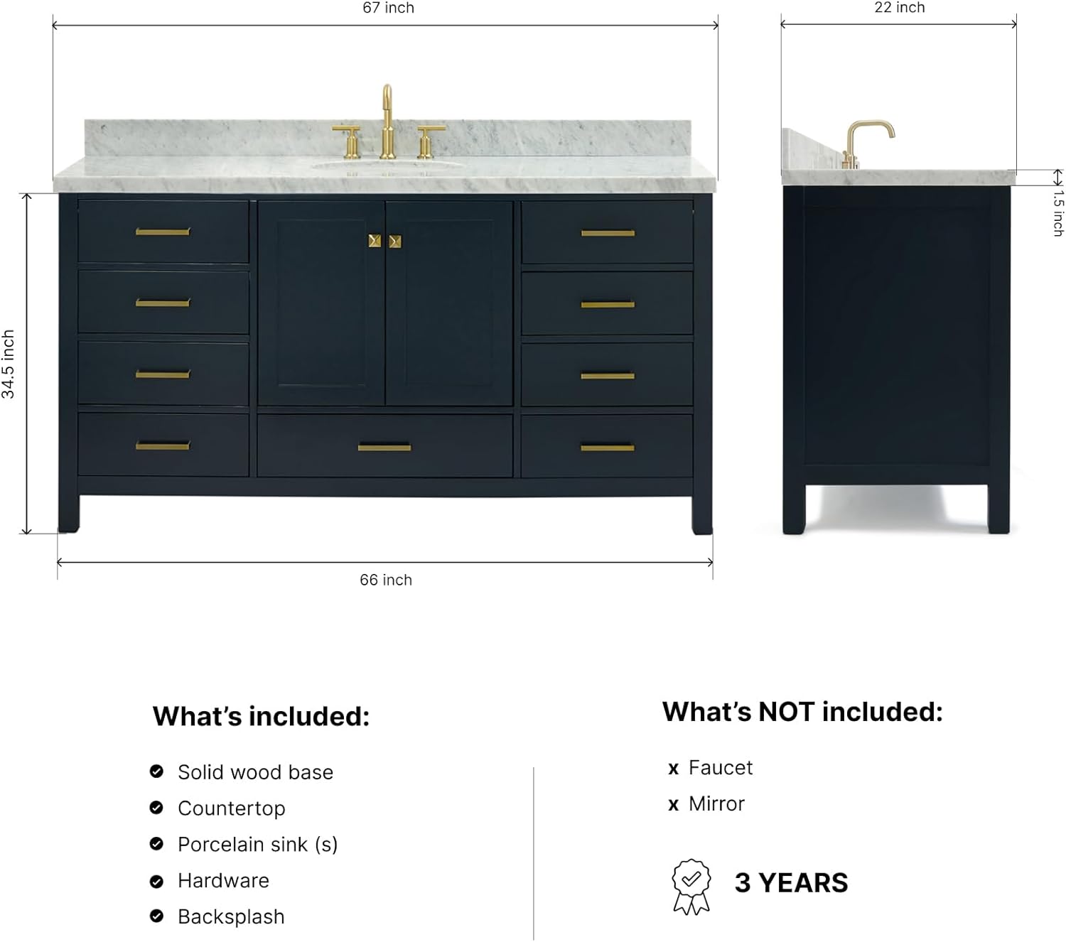 DKB Beckford 67" Midnight Blue Single Bathroom Vanity with Sink, 1.5" Edge Italian Carrara Marble Countertop, Oval Sink, 2 Soft Closing Doors, 9 Full Extension Dovetail Drawers