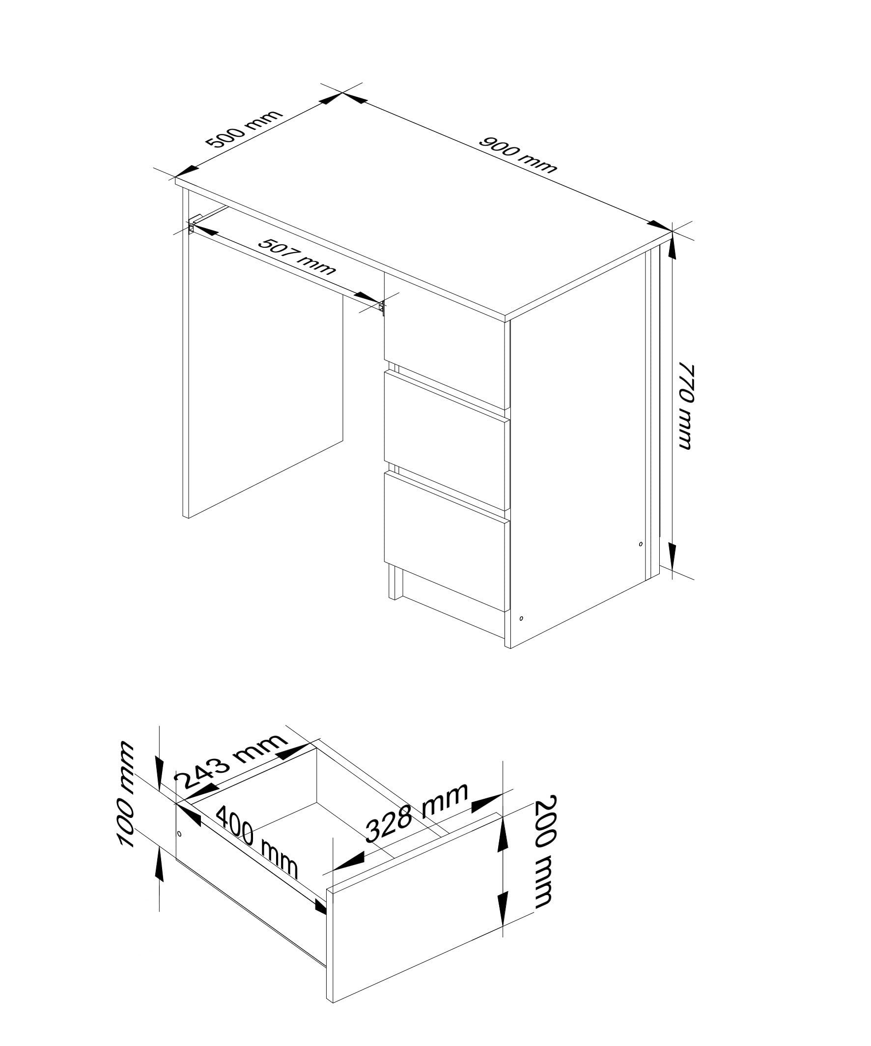 AKORD - Escritorio de ordenador A-6 con tablet teclado | 90 x 77 x 50 cm 30 kg | 3 cajones | Escritorio pequeño PC Mesa | Roble Artisanal/Blanco