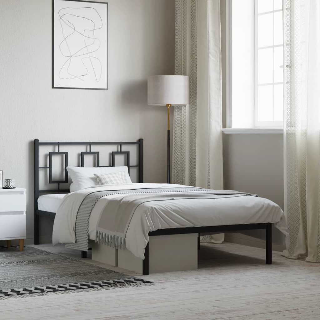 vidaXL Metal Bed Frame with Headboard, Single Bed Base Furniture, Bed Platform for Bedroom, Guest Bed, Modern Style, Black 39.4"x78.7"