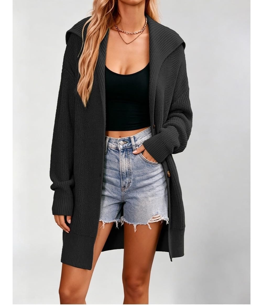 Générique Gilet Cardigan À Capuche pour Femme en Maille Douce Long Boutonné sur Le Devant Coupe Oversize Style Décontracté Idéal pour Le Bureau et Le Quotidien.