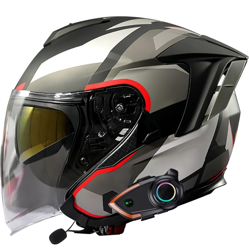 Bluetooth intégré Casco Moto Jet Semi Integrale con Visiera Esterna e Parasole Omologato ECE Casco Scooter Casco Moto Jet Casco Jet Doppia Visiera