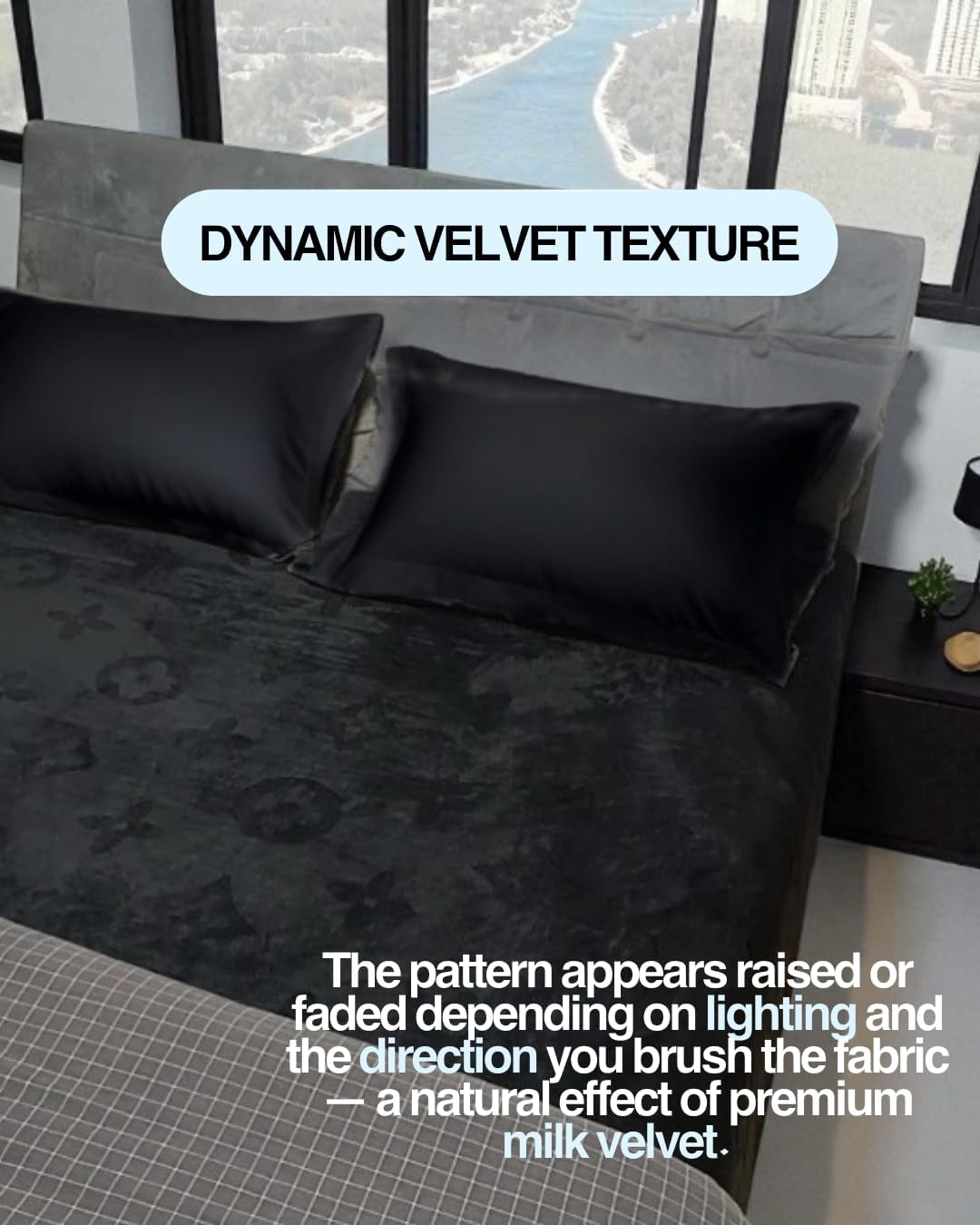 MonoFloral Milk Velvet Fitted Sheet | All Season, Luxury Ultra Soft & Breathable | Slip-Resistant & Easy Care (Matte Black, 180x200)