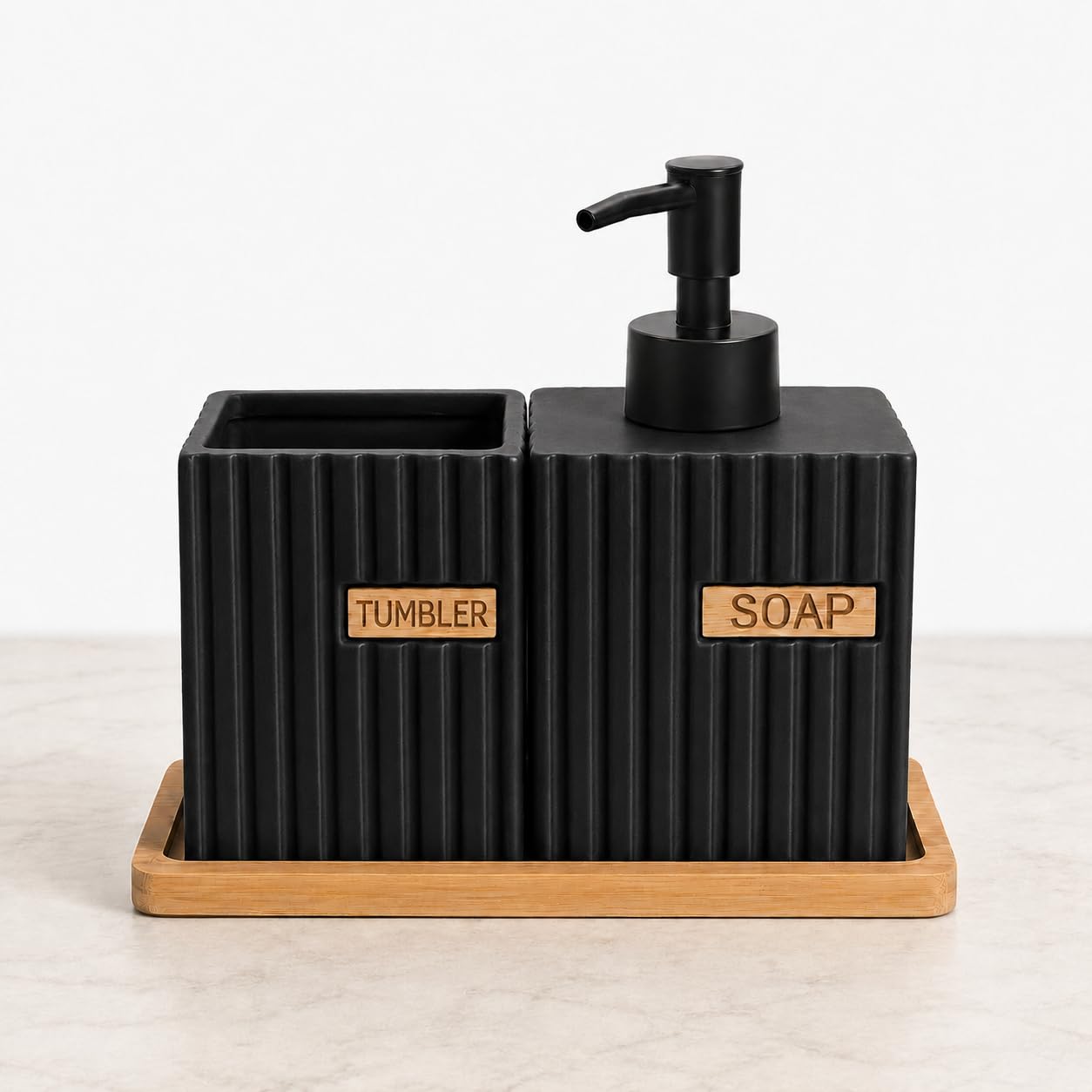 Store2508 Bathroom Accessory Set with Ceramic Soap Dispenser Tumbler and Bamboo Tray, 350 ml Refillable Pump Bottle Holder for Vanity Countertop (Black)-image-19