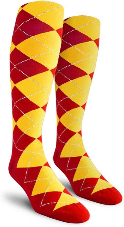 Colorful Knee High Argyle Cotton Socks For Men Women and Youth (AA-ZZ) Red/Yellow 10-13