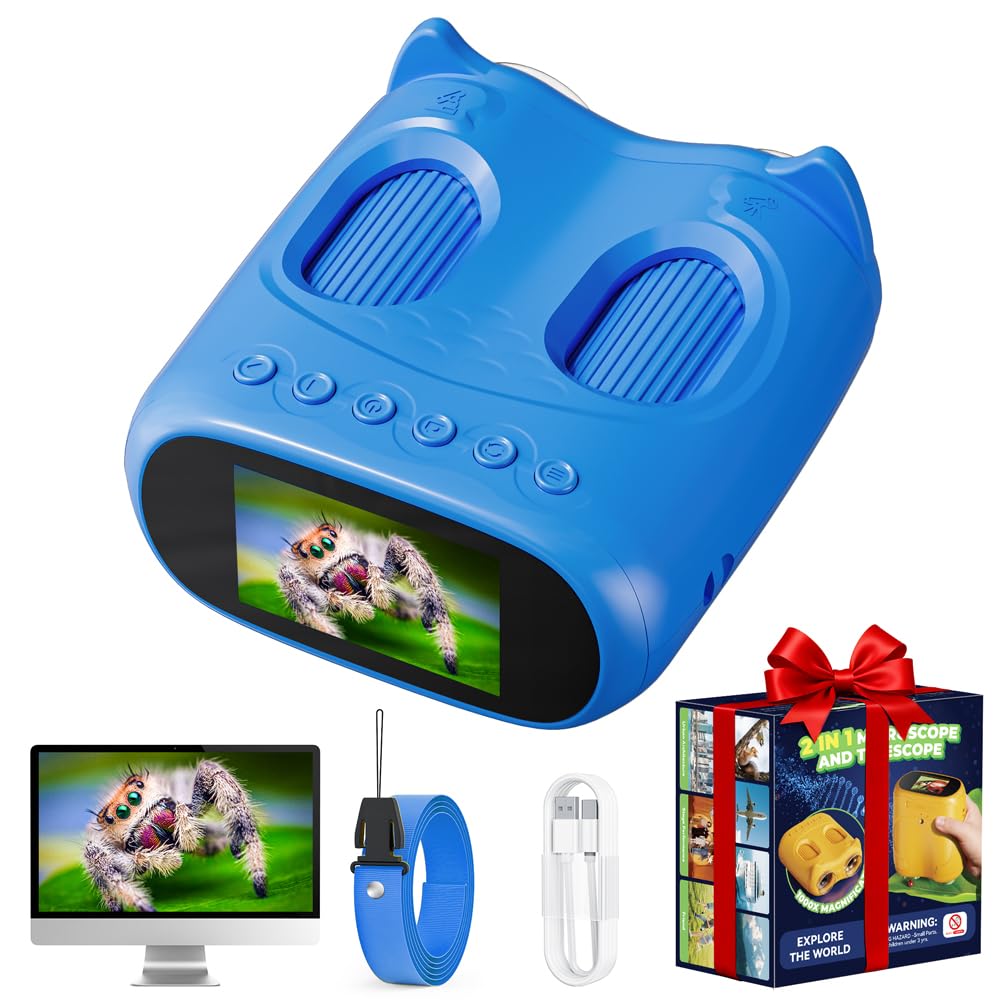 2 in 1 Microscopio Bambini e Telescopio, Temodu Microscopio Digitale da 2.0‘’, Elettronico Portatile Telescopio 10X con 8 luci LED, può essere utilizzato come regalo di compleanno o di Natale (Blue)