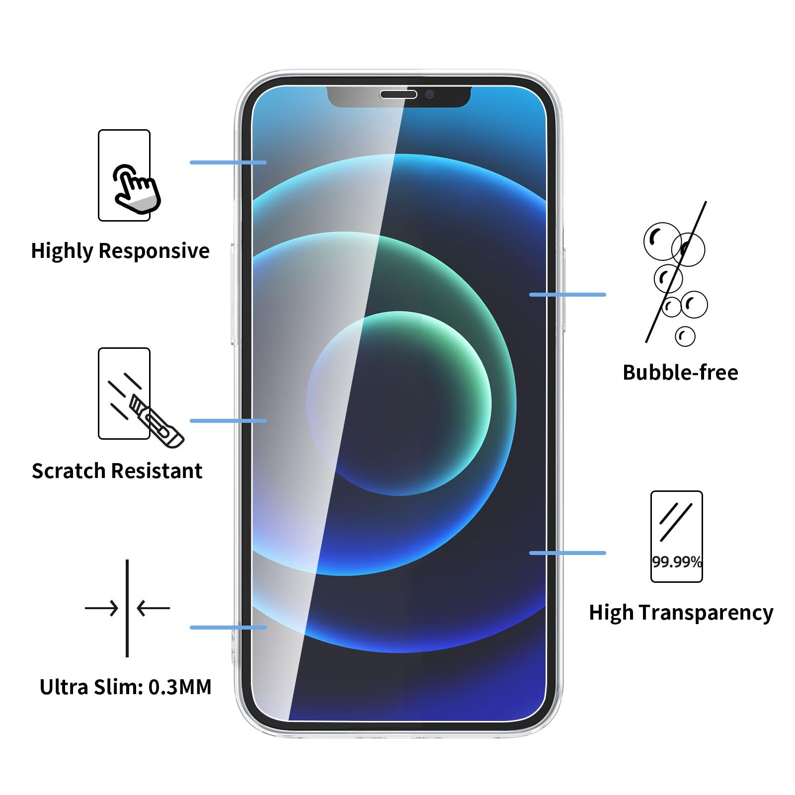 NEW'C Cover per iPhone 12, iPhone 12 Pro, ultra trasparente, in silicone TPU, morbido e 2 x vetro temperato per iPhone 12, iPhone 12 Pro, pellicola proteggi schermo