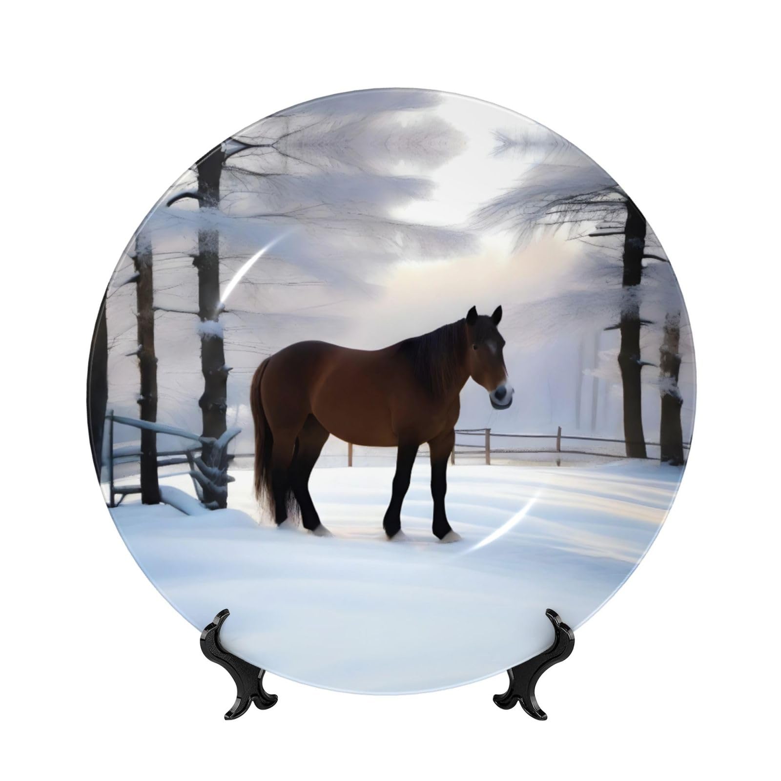 8in Porcelain Decorative Plate Of Horse Nature Winter Pattern, Dessert Plates, For Living Room Decor, Entryway Art, Gift For Home
