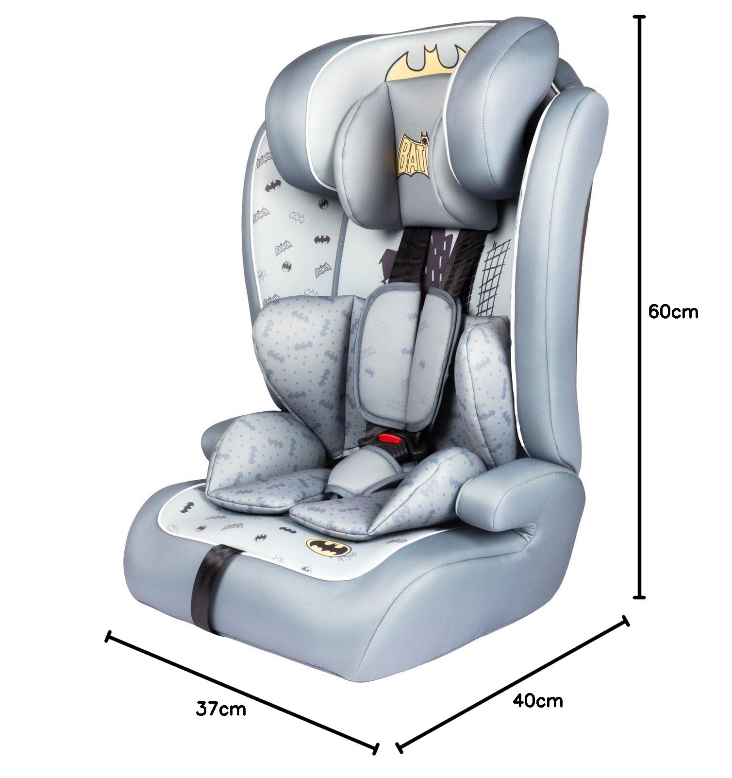Asiento De Coche Dc Comics Batman I-SIZE R129. Asiento De Seguridad Para Niños Con Una Altura De 76 A 150 Cm. Reposacabezas Y Acolchado Ajustables