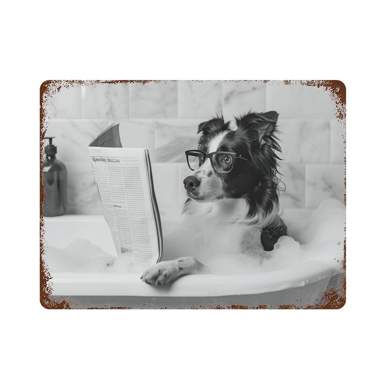 xiaoxiaoshen Border Collie in Bathtub Print Wall Decor Art Metal Tin Poster Modern Home Decor Art Home Bar Shop Decorations Vintage Sign 30x40cm