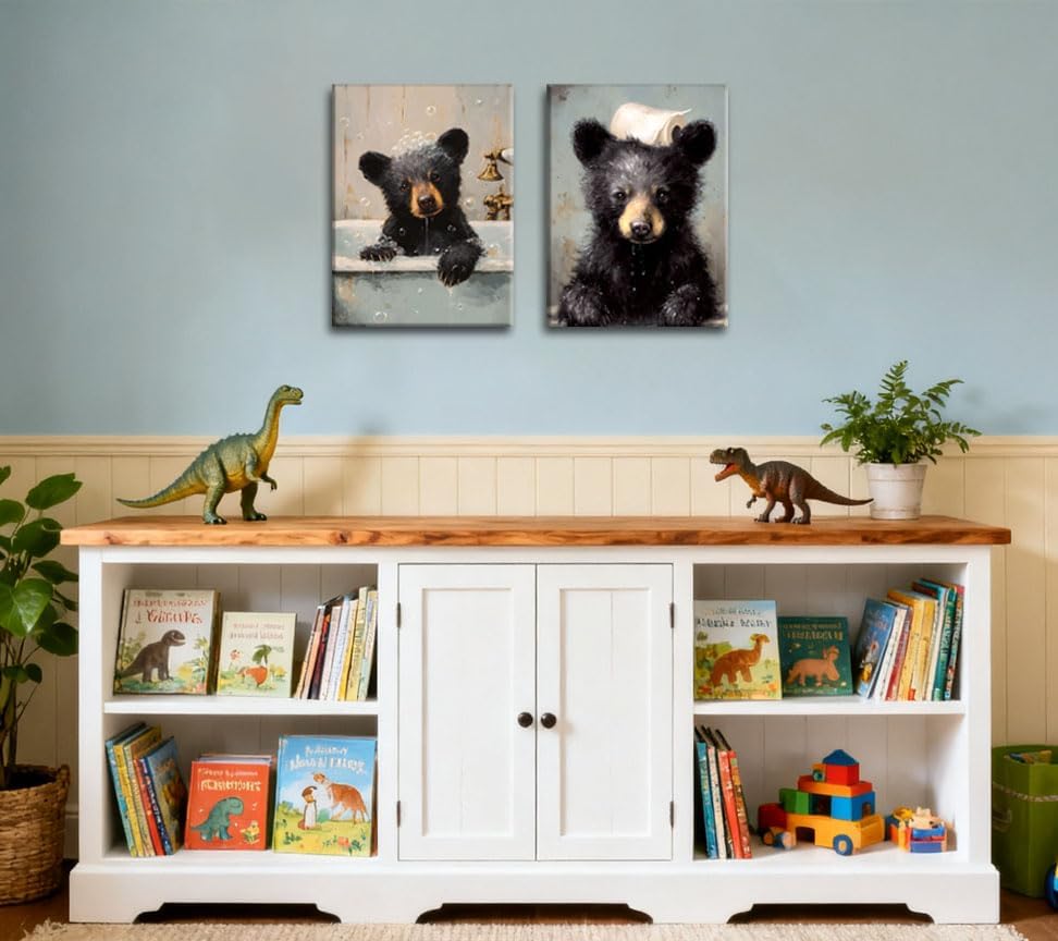 Image of Frimeeme 2 Piece Bear Bathroom Canvas Wall Art Set 12x16 inches | Bathtub Bear Prints, Cute Humorous Posters Ready to Hang Home Decor1, ready to hang