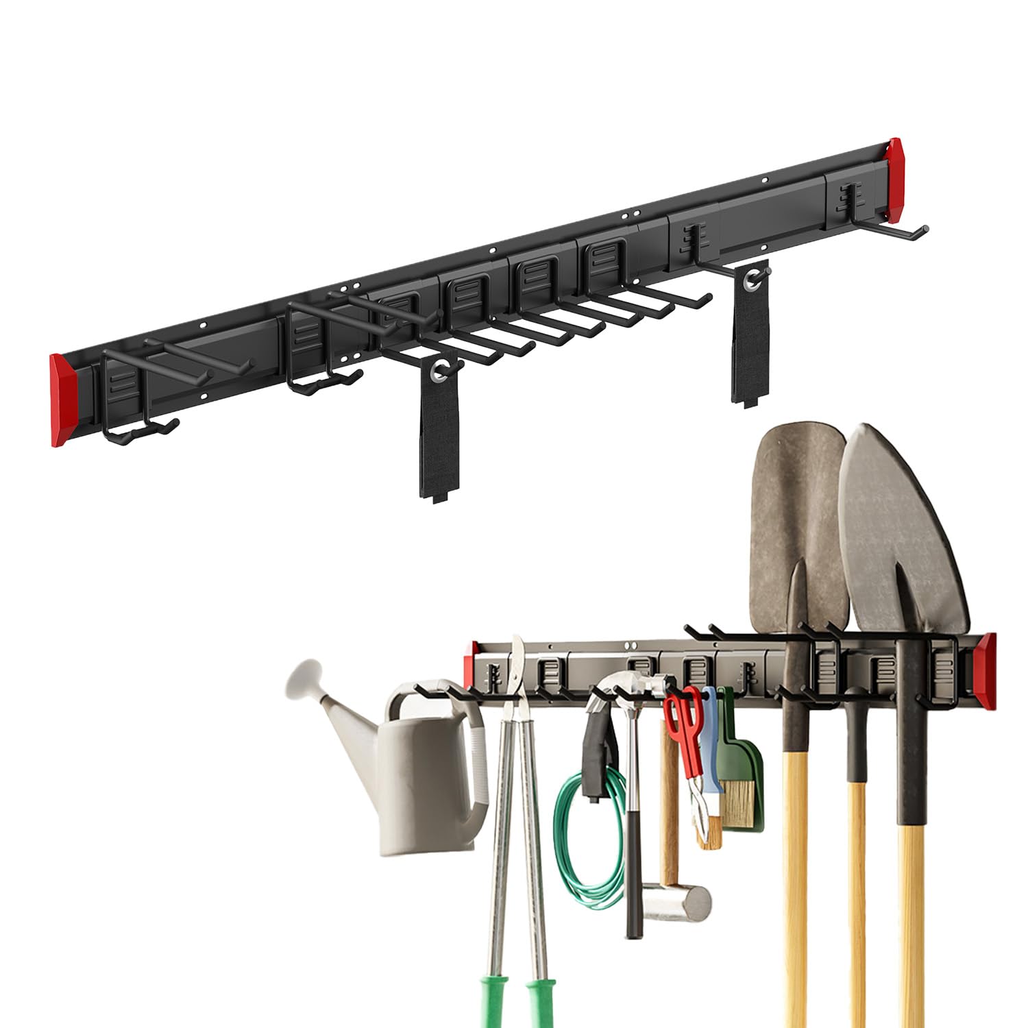 Maclean MC-179 Soporte de pared para herramientas de jardín y organizador de garaje Sistema de almacenamiento de acero 228 kg con ganchos ajustables para palas escobas mangueras y cables