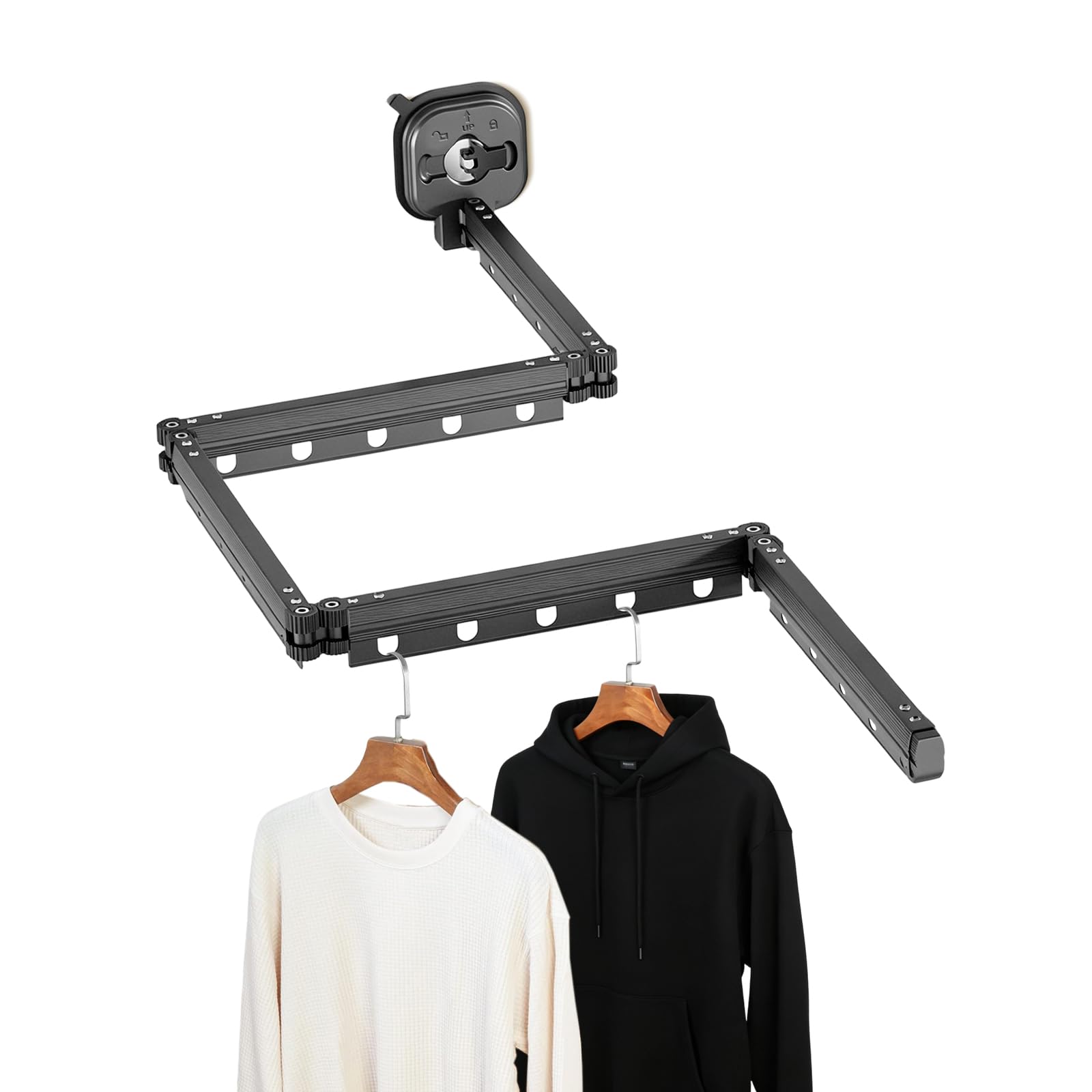 5-Fach faltbarer Wandwäschetrockner(5*34 cm) Wäscheständer Ausziehbar Kleiderstange mit 25 Standard-Hänge Löchern Halten und Vakuum-Saugnapf Handtuchhalter aus Aluminium Legierung für Balkon