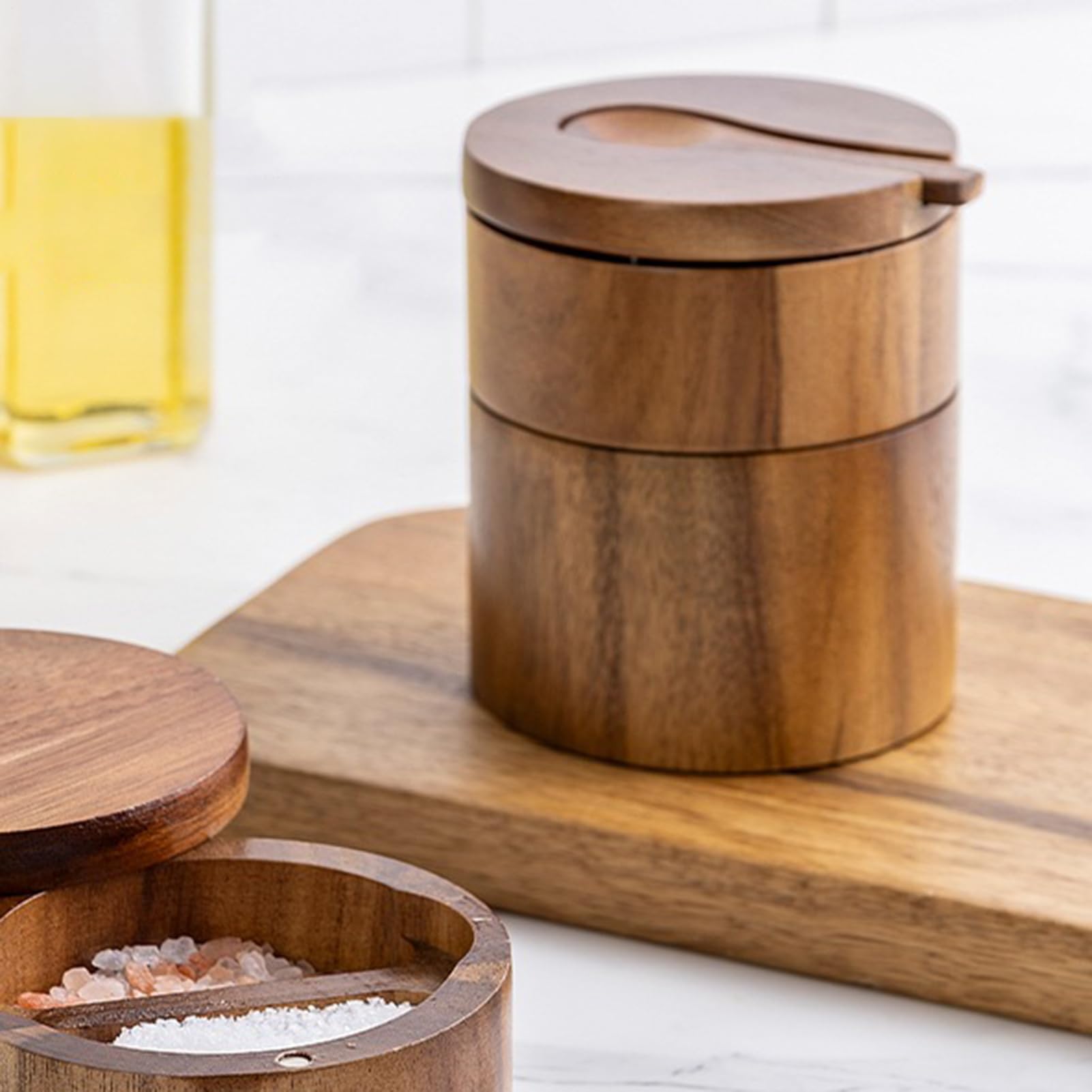 Salt Cellar - Barattolo per sale marino con coperchio girevole magnetico, ciotola in legno a 2 strati con cucchiaio per riporre pepe, caffè, zucchero, decapaggio, cucina, piano di lavoro e