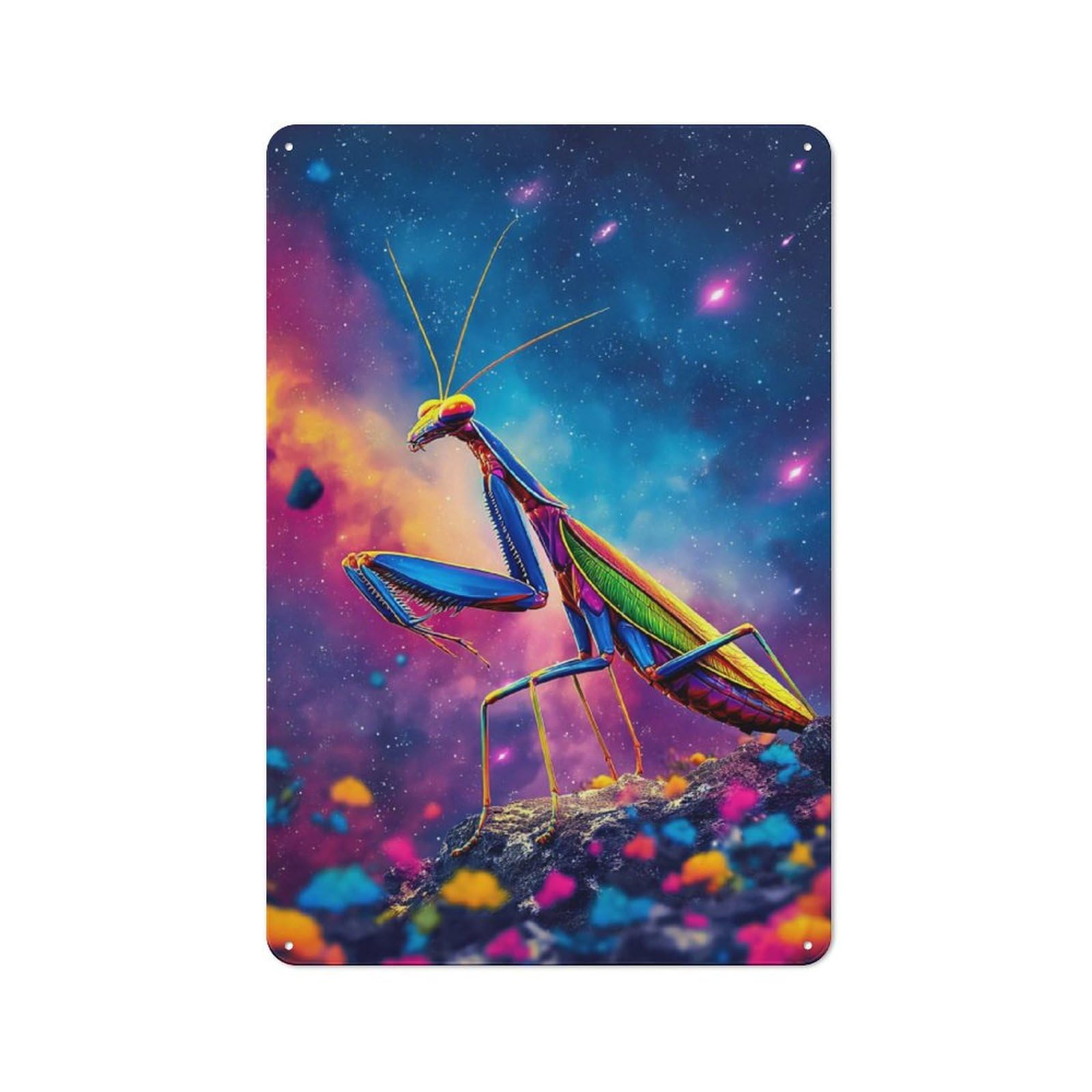 Junmoney Rainbow Praying Mantis In Space Retro Metal Gift Sign 30X20cm, Small Space Decor For Bedroom, Kitchen, Office Or Living Room