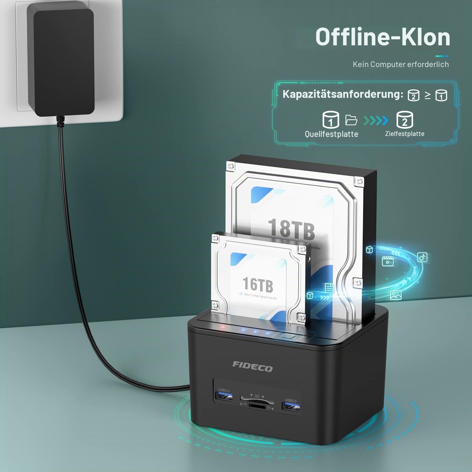 FIDECO Docking Station für 2 SATA-Festplatten, USB 3.0, Klonfunktion, 2,5-Zoll- und 3,5-Zoll-Festplatte, SSD, SATA-Festplatte