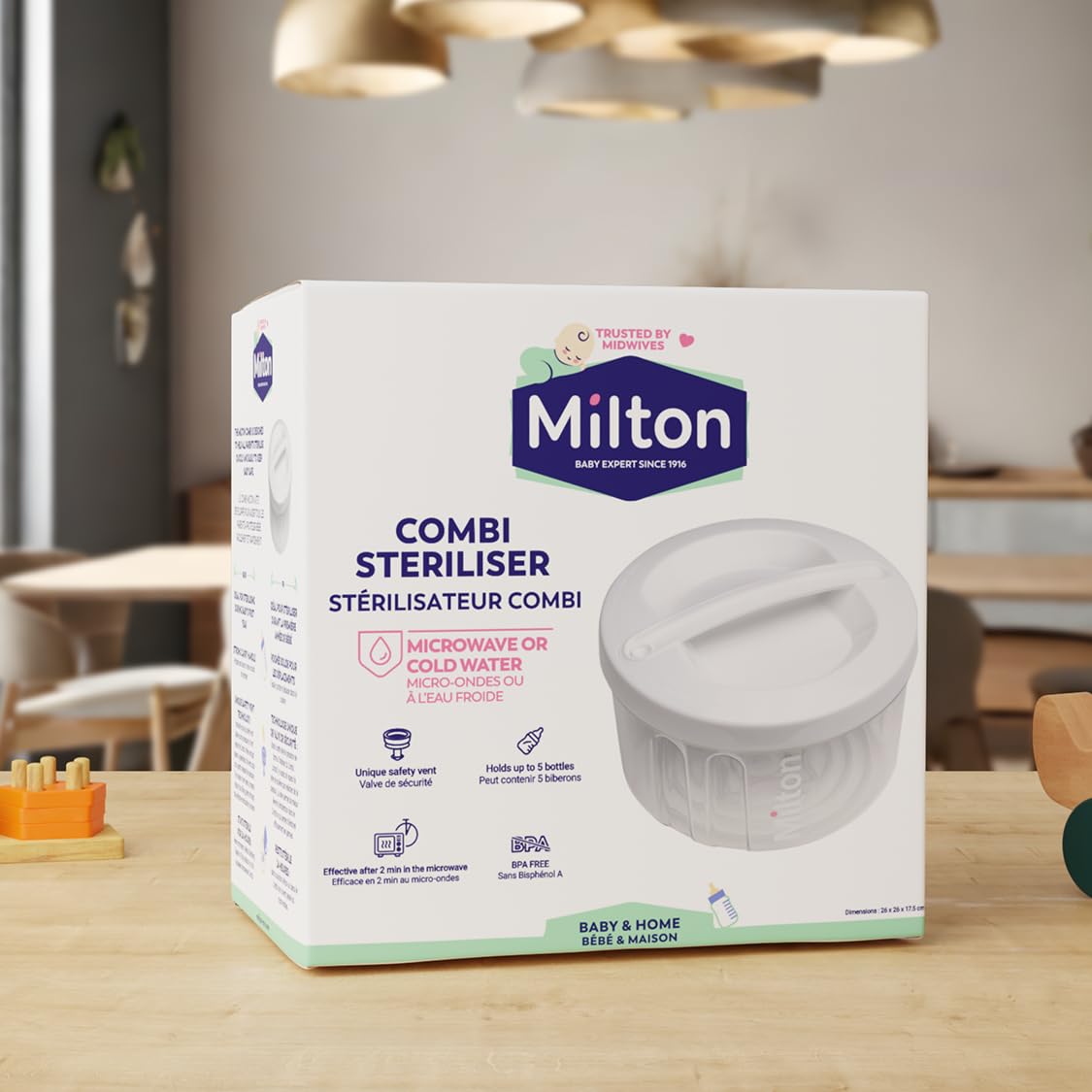 MILTON Combi Microwave Or Cold Water Steriliser in White – Fits Five Wide Neck Bottles of Any Brand
