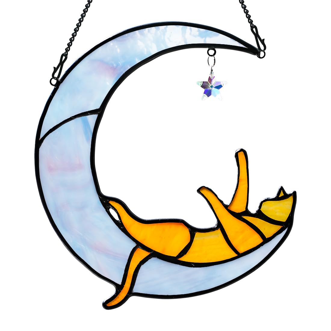 HAOSUM Orange Cat on Moon Stained Glass Suncatchers Star Crystal Decor,Cat Gifts for Cat Lovers Stained Glass Window Hangings,Funny Stained Glass Cat Themed Gifts for Women Mom