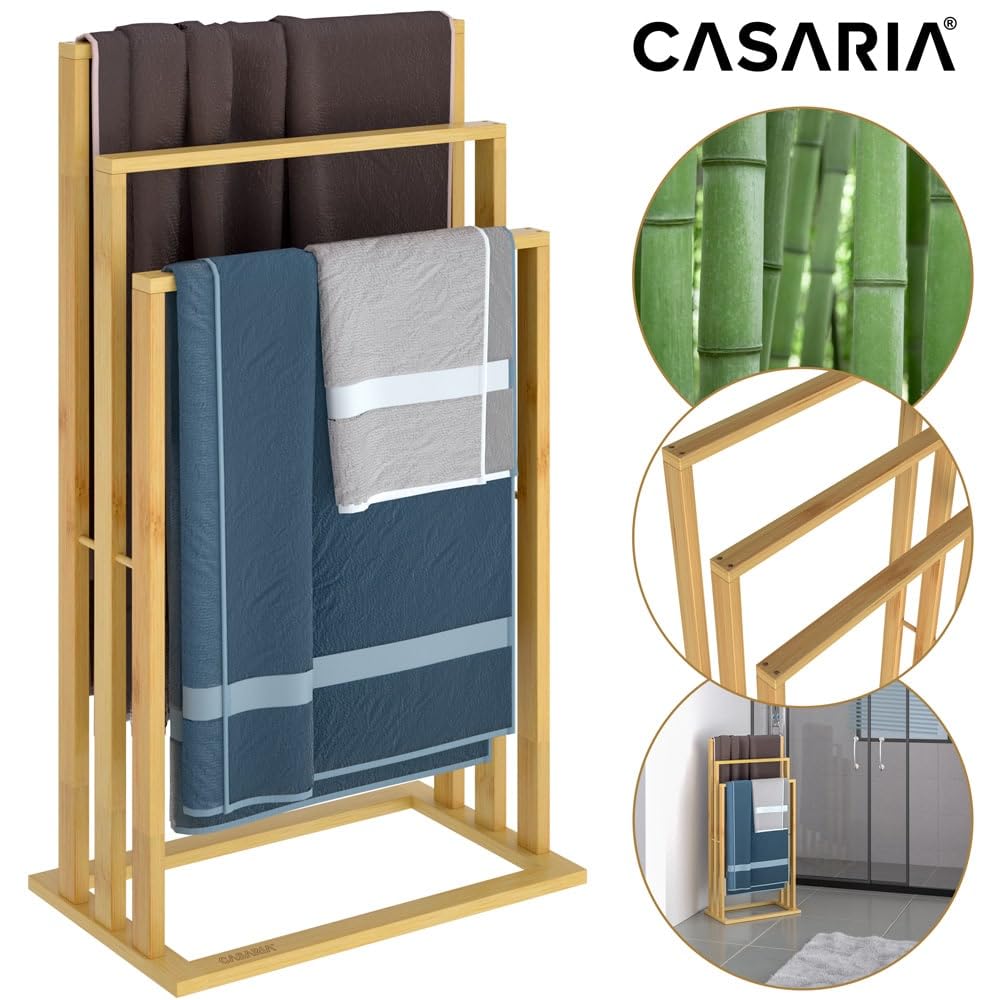 Porte-Serviettes en Bambou sur Pied avec 3 Barres Étagère de Salle de Bain Support pour Serviettes Charge Max 15 kg