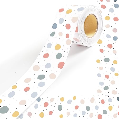 Borde bohemio para tablón de anuncios de 50 pies, decoración de aula en colores pastel, borde enrollado recto de lunares coloridos para profesores,