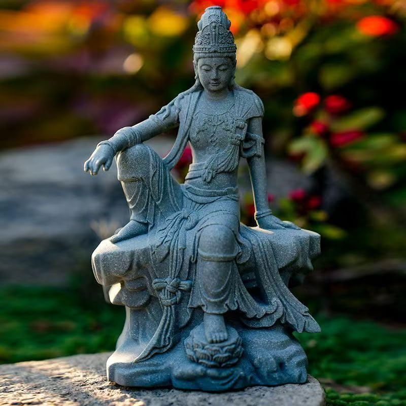 Estatua buda Guanyin de piedra arenisca para acuario miniatura 2
