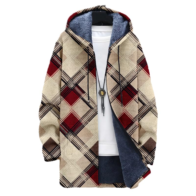 Zip Up Plaid Coat for Men Oversized Hoodie Sherpa Lined Fleece Jacket Full Zip Winter Coat with Hood and Pockets