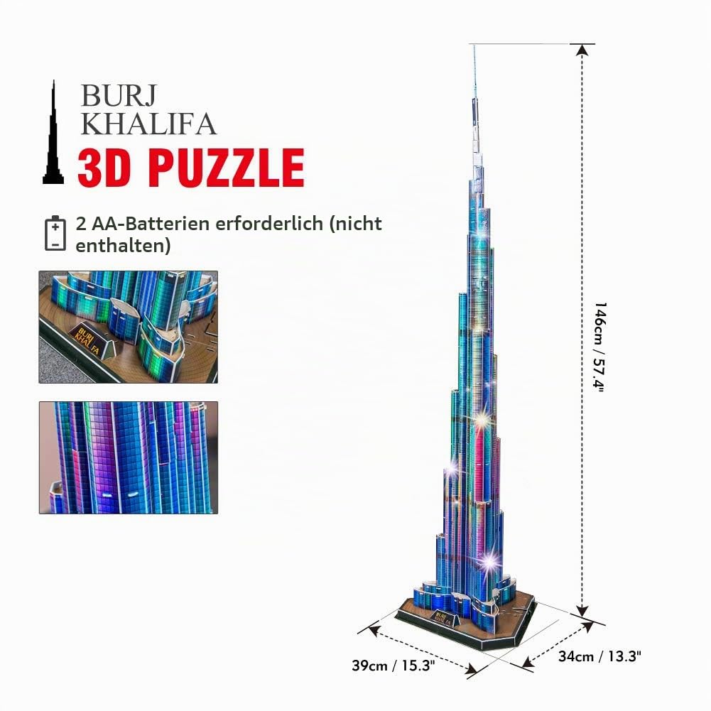 CubicFun 3D Puzzle LED Dubai Burj Khalifa, 136 Teile | Modell Lichtarchitektur, Geschenk, Modellbausatz Erwachsene Kinder,Modellbau, Bausatz Erwachsene