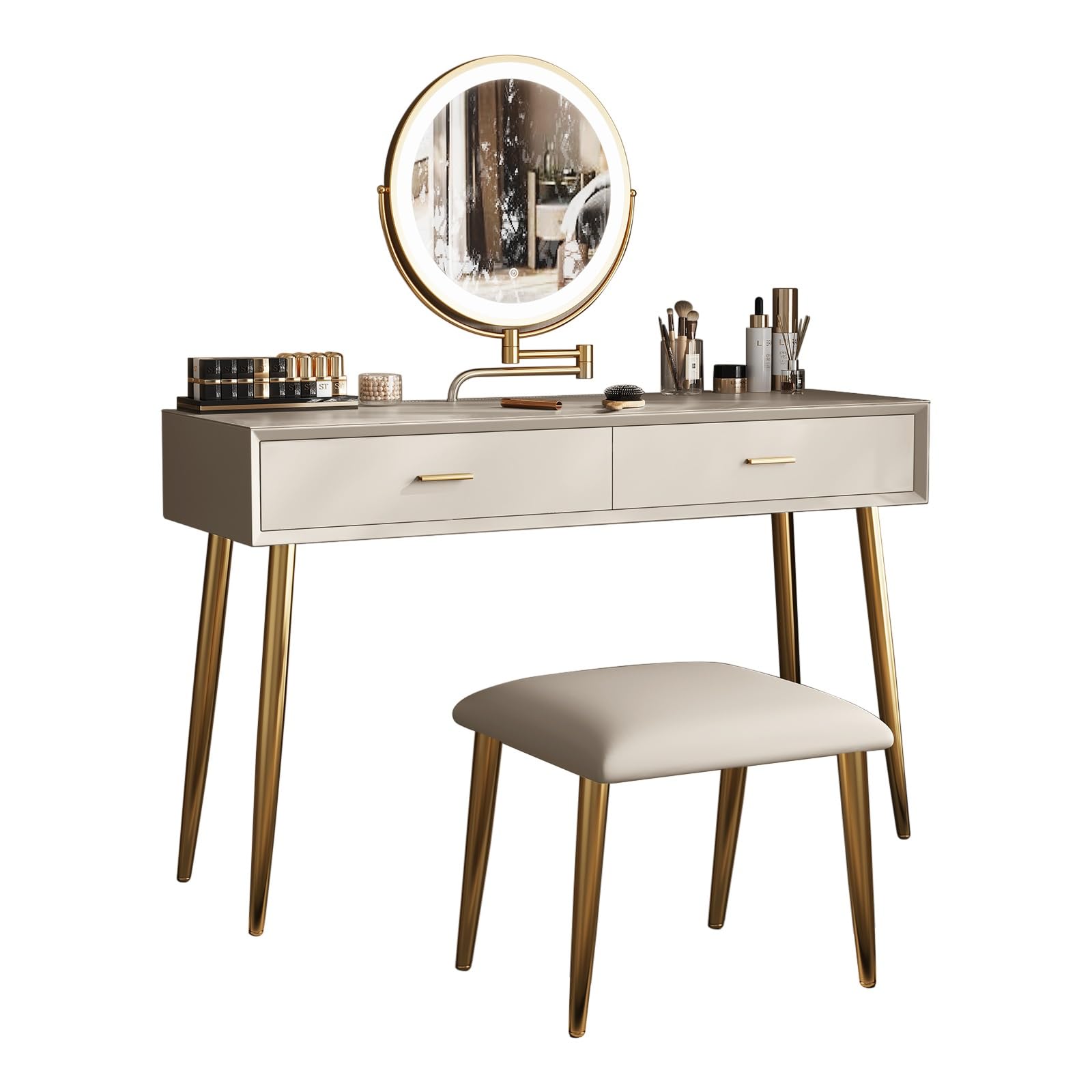 Bei Makeup Vani Set mit Spiegel & Lichtern, 80 cm, kleiner Vani-Tisch, 2 Design-Tischhocker, 3 Beleuchtungen, M-t für Schlafzimmer-Dekor