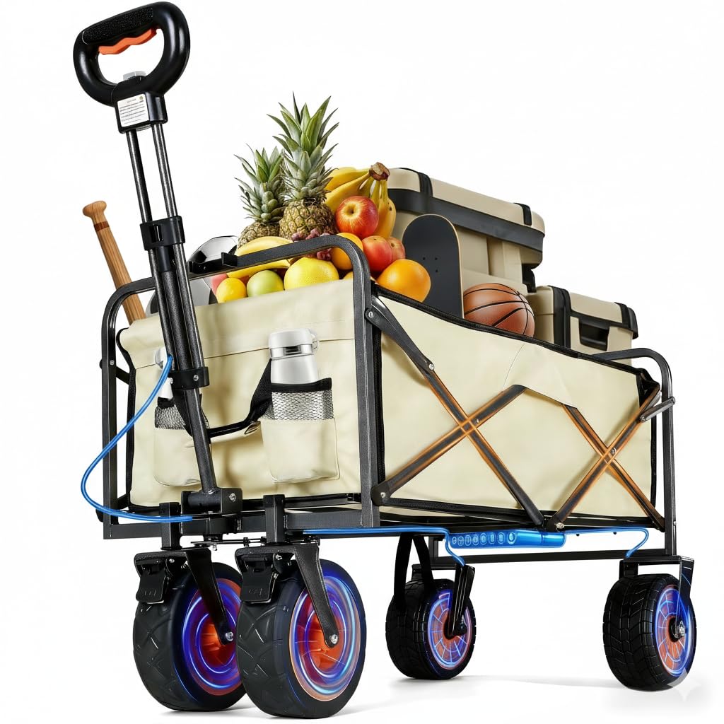 Electric Assistance Collapsible Folding Garden Wagon, 300LBS Grocery Cart with 8.5" All-Terrain Beach Wheels & Drink Holders, Portable for Camping Outdoor Beach Fishing Picnic Sports Shopping