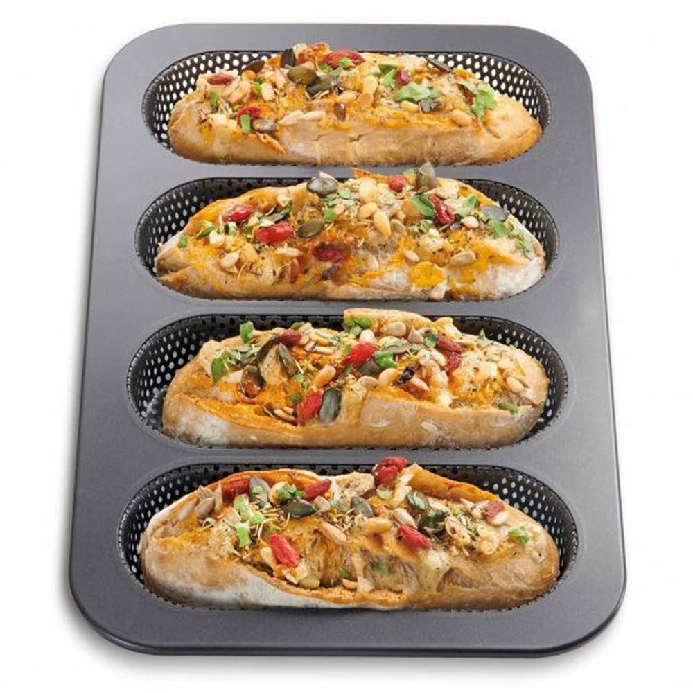 Molde Perforado para Pan Francés o Mini Baguettes - Bandeja para Hornear 4 Panecillos - Acero al Carbono
