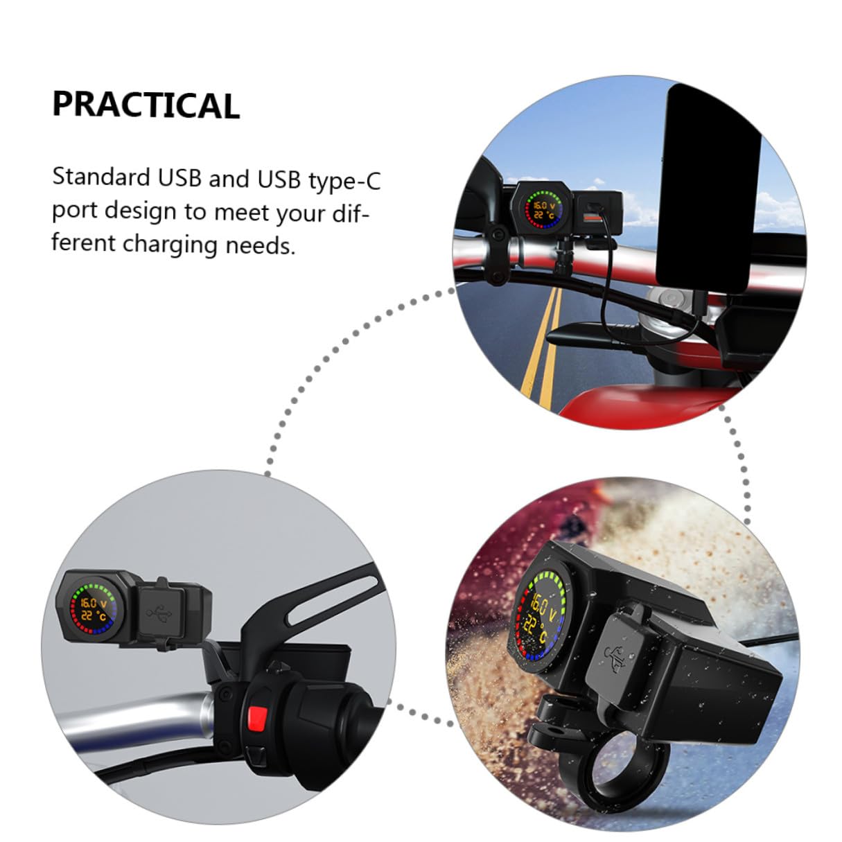 Motorrad Ladegerät mit USB und USB C-anschluss, Schwarz