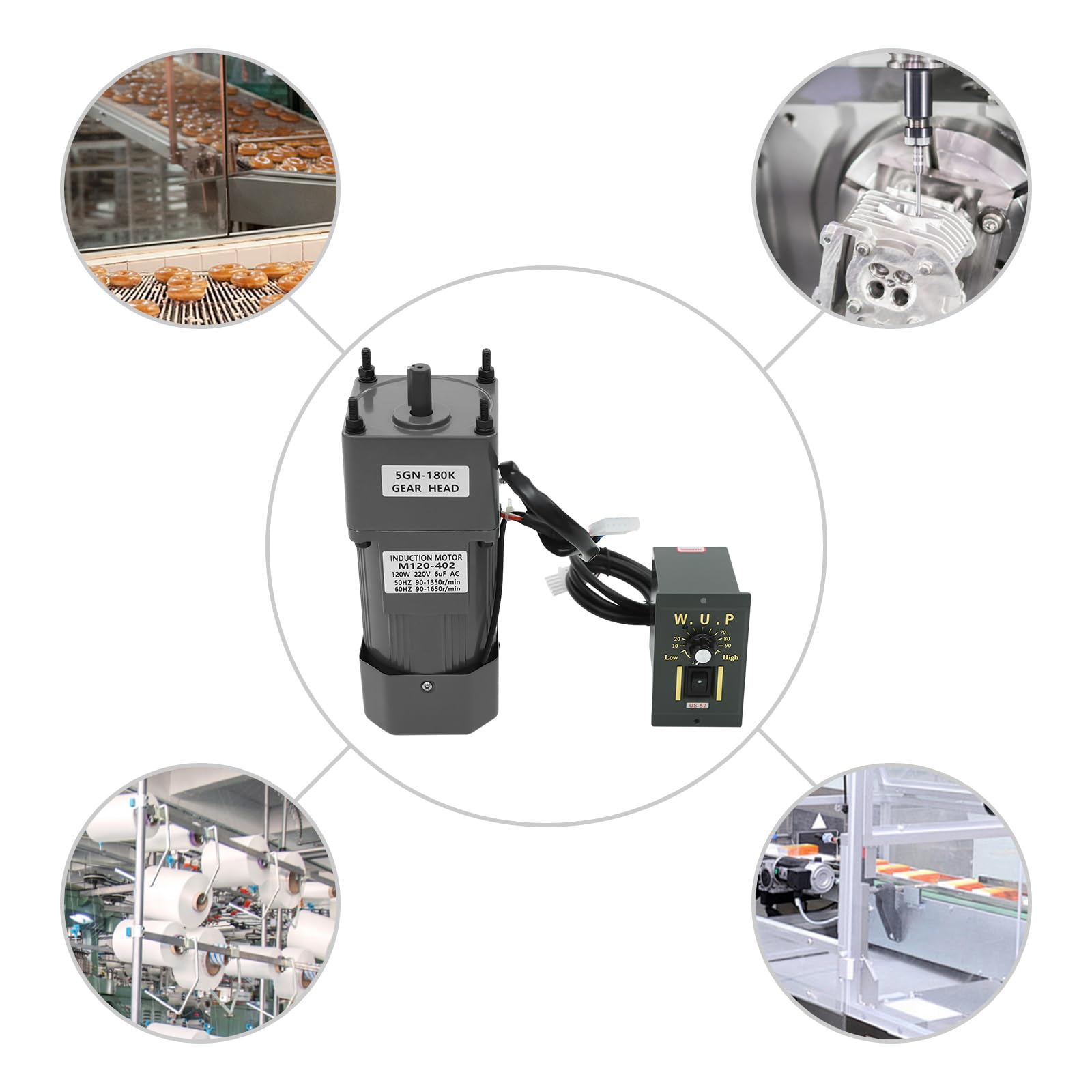 Motore a trasmissione da 120 W, con regolatore di velocità, motore pneumatico unidirezionale, motore elettrico per imballaggio, stampa, lavorazione alimentare, tessile e ingegneria meccanica