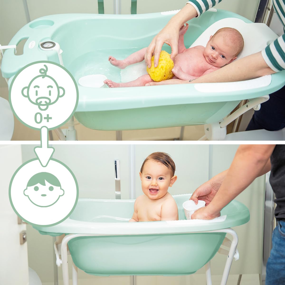 Olmitos - Cubeta Bañera para Bebé | Incluye Reductor Antideslizante y Termómetro de Agua, válvula de vaciado y cacito para agua | Desde 0+ Meses (Menta)