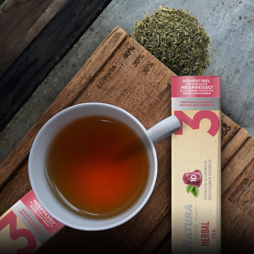 La Natura Lifestyle 120 x herbata ziołowa w kapsułkach aluminiowych, kompatybilne z ekspresami na kapsułki Nespresso®³, w 100% nadaje się do recyklingu, mistrzowskie połączenie wyselekcjonowanych
