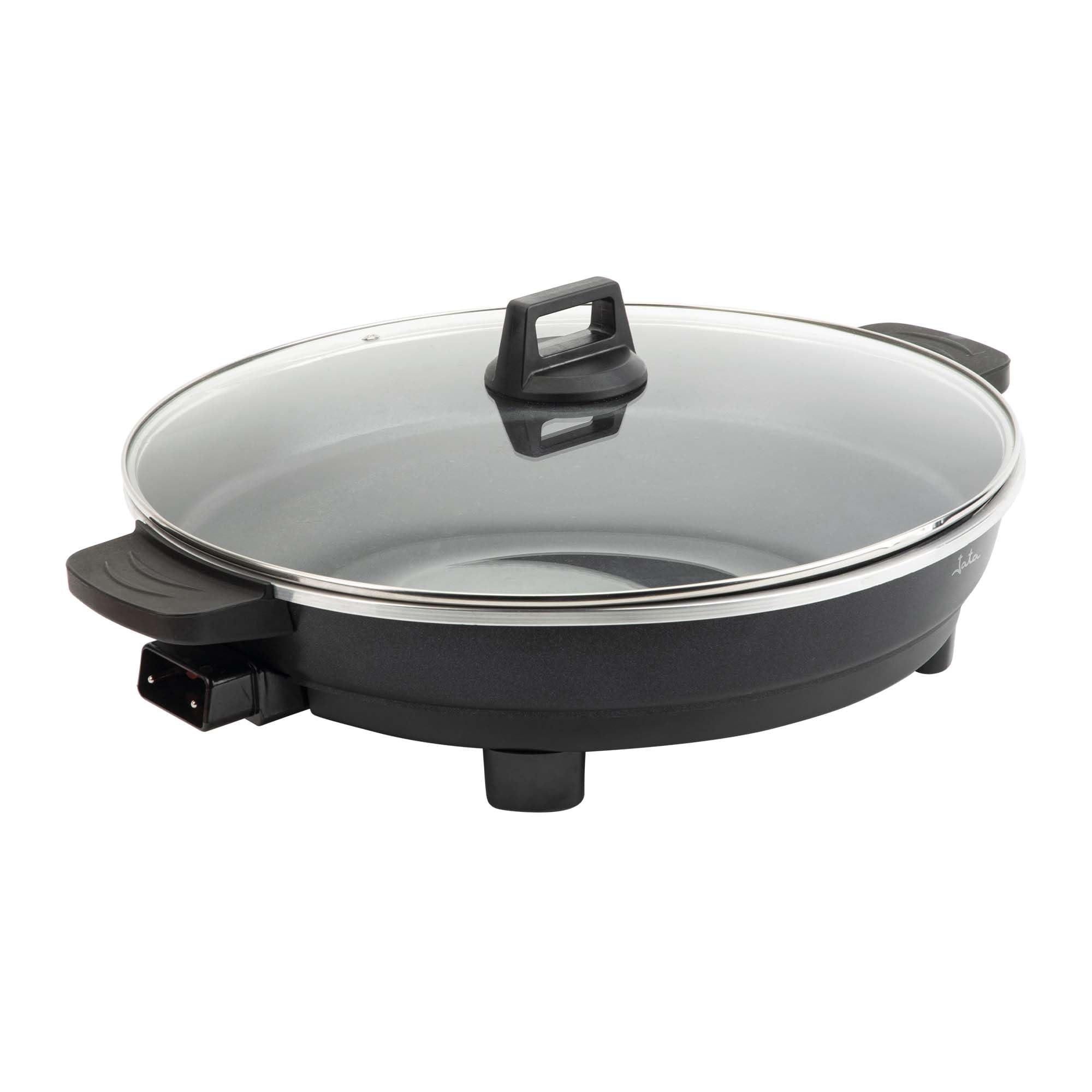 JATA JEPE1601 - Paellera Eléctrica 43 cm con Tapa de Cristal, Sartén Eléctrica Antiadherente 2000W, Termostato Regulable, Tapa de Cristal con Válvula de Vapor, Ideal para Paellas, Arroces, Fideuá, ...