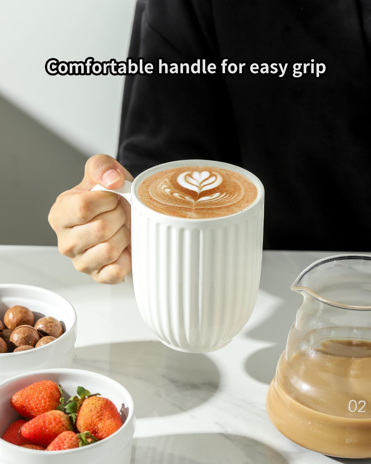 HASENSE Ceramic Coffee Mugs Set of 6, 16 Oz Large Ribbed Coffee Cups with Big Handle, Unique Modern Style White Latte Mugs for Tea,Cocoa,Milk,Cappuccino, Microwave & Dishwasher Safe - Image 5