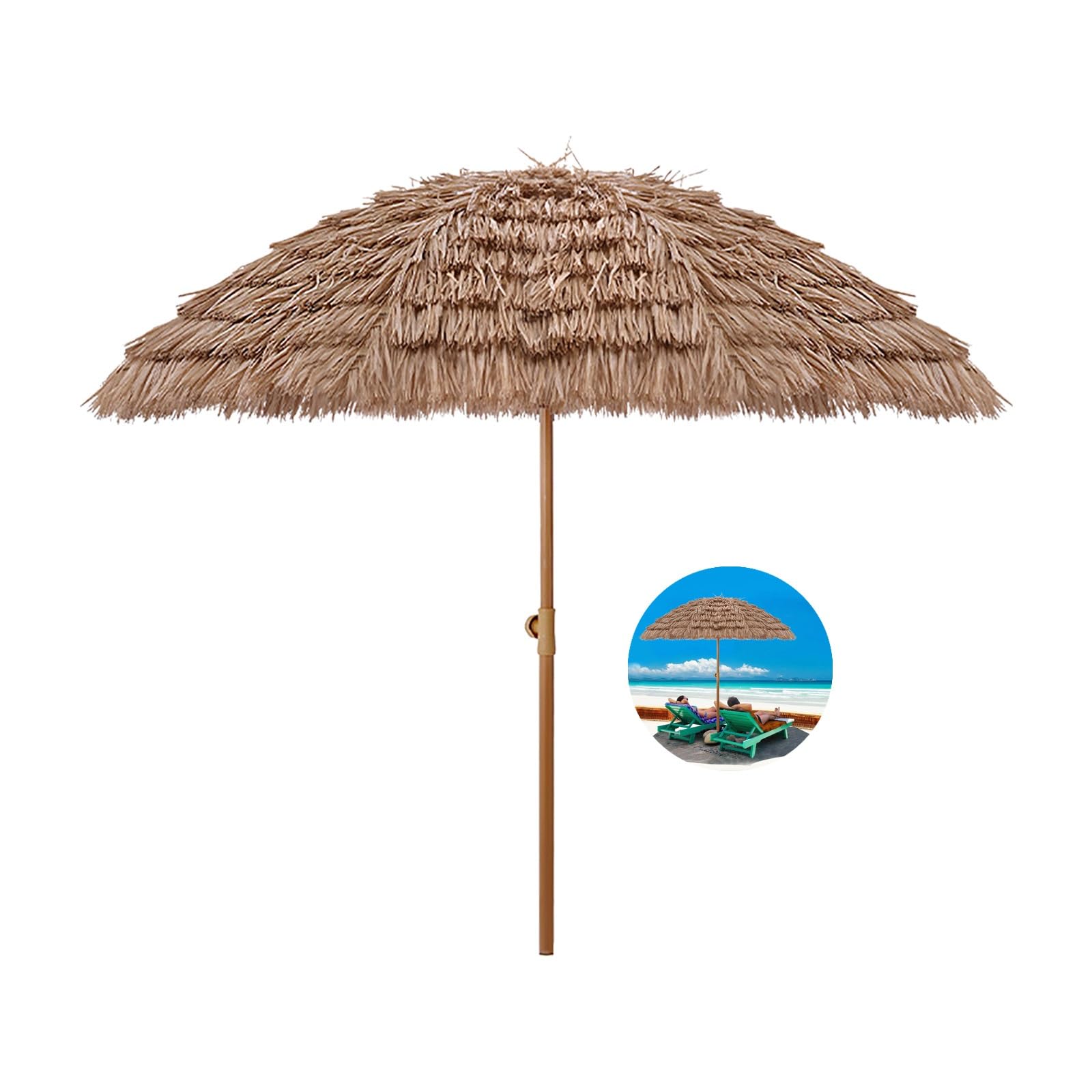 ELZEM Sombrilla hawaiana Tiki de playa inclinable UPF50+, paraguas de patio impermeable al aire libre, paraguas portátil con bolsa de transporte para arena, jardín, césped, piscina, 8 varillas